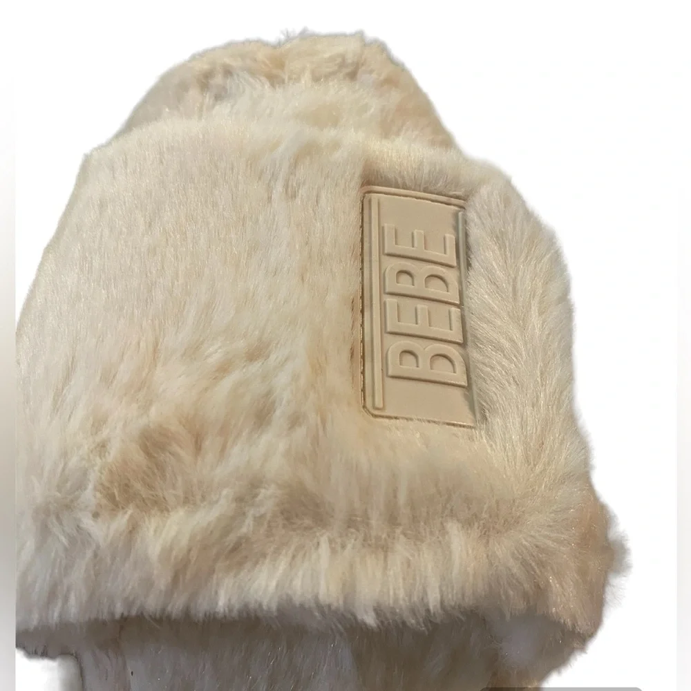 Bebe Girl Cream Faux Fur Slide Slippers Logo Patch Size 2/3 Toddler L‎
